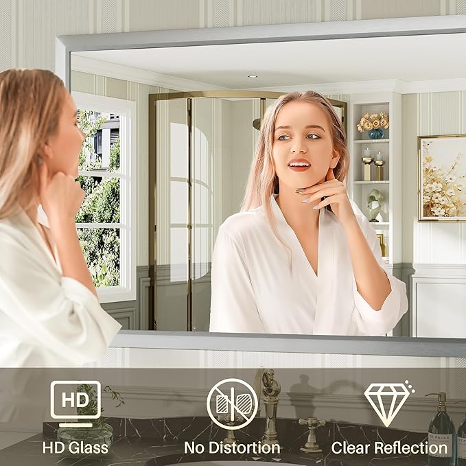 60x36 Inch Brushed Nickel Bathroom Mirror for Wall, Thick Metal Framed Rectangle Mirrors for Over Sink, Bedroom, Living Room, Entryway, Anti-Rust, HD Tempered Glass
