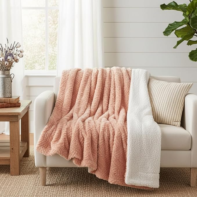 DaDa Bedding Coral Pastel Peach Rose Faux Fur Throw Blanket - Dreamy Geometric Embossed Sherpa Backside - Super Soft Warm Cozy Plush Fluffy - 90" x 90"