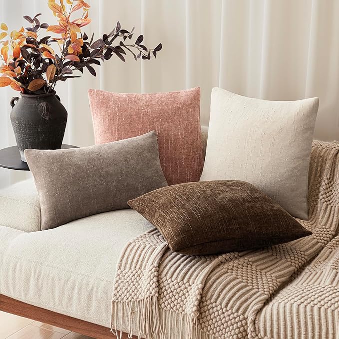 Foindtower Pack of 2 Textured Chenille Throw Decorative Pillow Covers Square Accent Solid Cushion Cover Neutral Farmhouse Pillow Case for Couch Sofa Bedroom Living Room 20x20 Inch,Dusty Pink