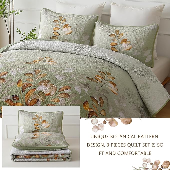 WONGS BEDDING Quilt Set Queen Size,3 Pieces Green-Brown Floral Bedspread Coverlet Set, Soft Microfiber Lightweight Floral Bedding Set Queen 96"×90"