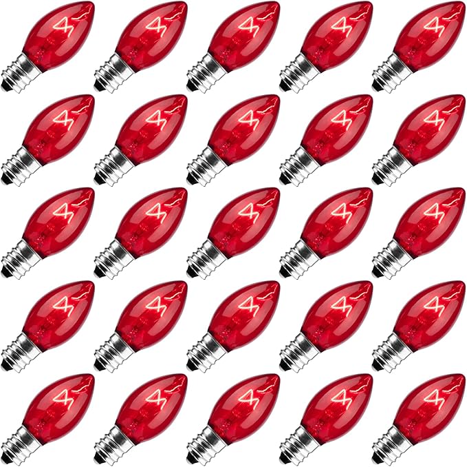 25 Pack Replacement C7 Light Bulbs for E12 Base Christmas String Lights, Classic Christmas Bulbs for Holiday Party Indoor Outdoor Garden Backyard Cafe Xmas Decoration, Red