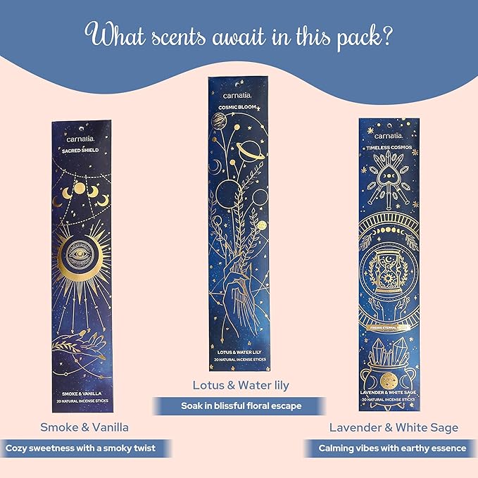 Carnatia Starry Spell Incense Sticks – Set of 6 Mystical Scents, 120 Premium Sticks for Creativity, Focus, Manifestation & Meditation | Natural, Slow-Burning for Spiritual Rituals & Self-Care!