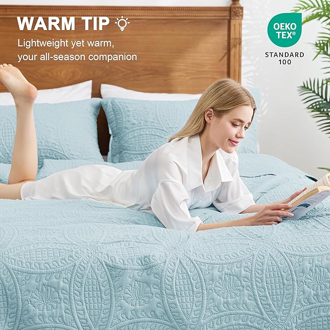 Love's cabin Quilts for Full Bed Spa-Blue Bedspreads Bedding Set - Lightweight Bedspread Comforter - Coin Pattern Bedding Coverlet for All Season - 3 Pieces (1 Quilt, 2 Pillow Shams)