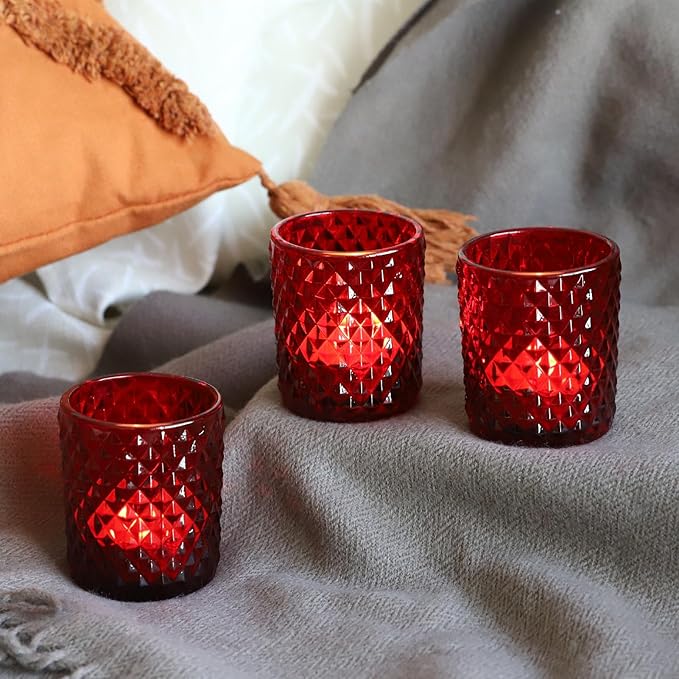 Woho Red Votive Candle Holders Bulk Set of 12, Glass Tea Lights Candle Holder for Wedding Table Centerpiece, Studded Diamond Tealight Candle Holder for Christmas Party Holiday Home Decor
