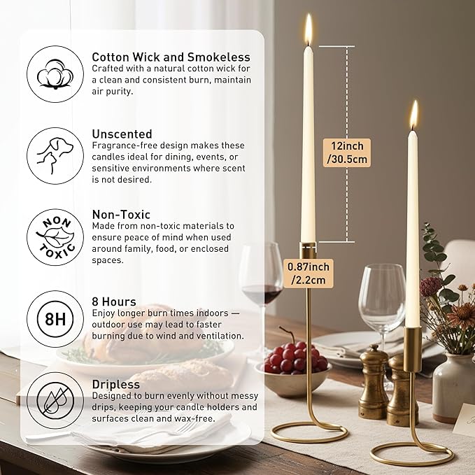 Viyffo Taper Candles 12 Inch – 12 Pack Ivory, Dripless, Unscented, Smokeless – 8 Hour Burn – Tall Candlesticks for Wedding, Dinner, Holiday, Party, Home Decor