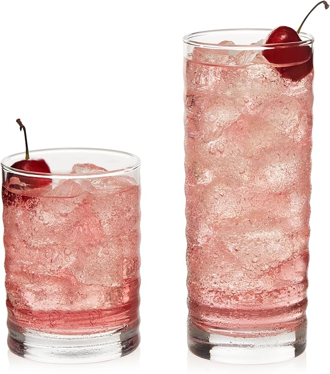 Libbey Pueblo Tumbler and Rocks Glass Set, Wavy and Groovy Drinking Glasses Set, Dishwasher Safe Glasses Drinking Set of 16 for Everyday Family Meals