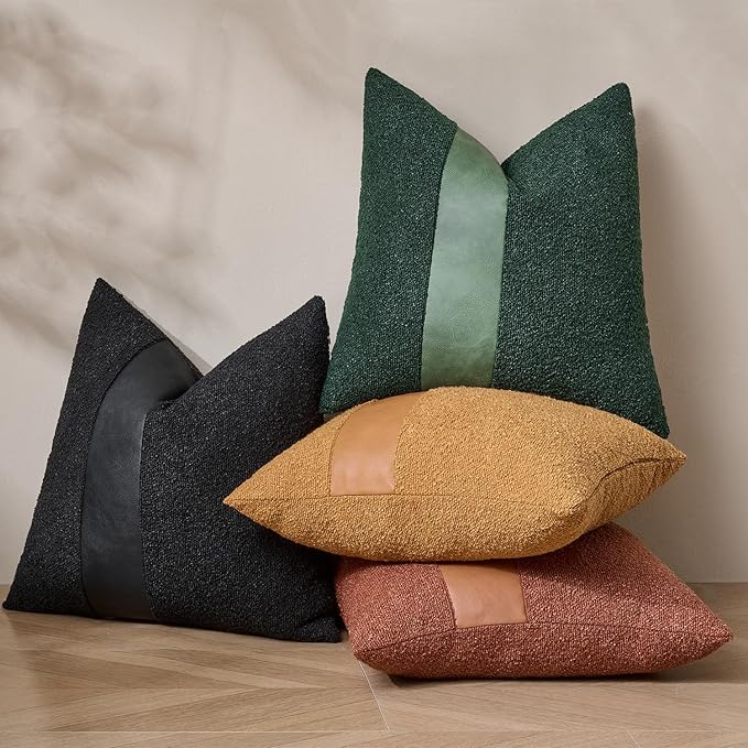 Pack of 2 Faux Leather Boucle Throw Pillow Covers 18"x18" Black Chic Accents Textured Square Decorative Pillow Cases for Living Room Couch Bed Farmhouse Boho Home Decor