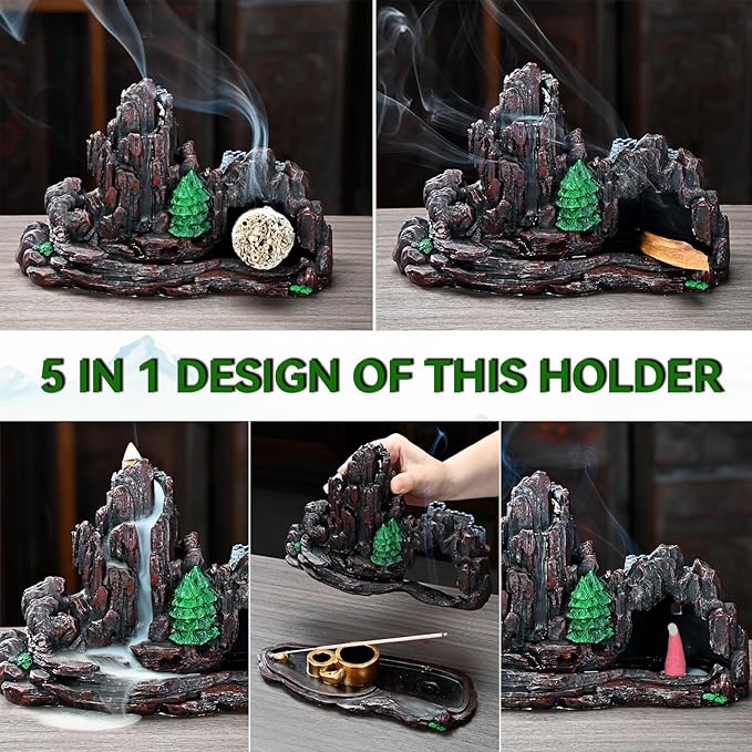 Mountain Waterfall Incense Burner，Backfall Incense Holder River, Incense Falls Meditation Decor for Room with Upgrade Incense Cones and Accessories (5in1 Palo Santo)