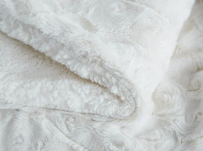 DaDa Bedding Luxury White Roses Faux Fur with Sherpa Backside Fleece Throw Blanket - Super Soft Warm Plush Luxe Solid Toss - 50" x 60"