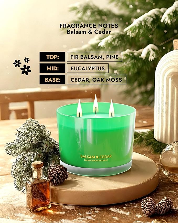 96NORTH Luxury Candle Balsam & Cedar Scented | Large 3-Wick Jar Candle | Up to 40 Hours Burning Time | 100% Natural Soy Wax | Ideal Christmas Candles Gift