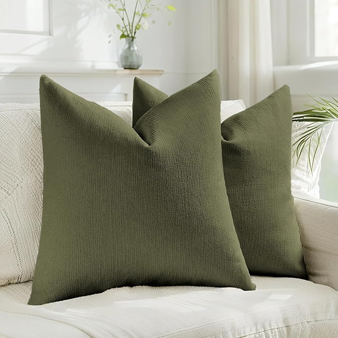 HAUSSY Moss Green Throw Pillow Covers 18x18 Inch Set of 2,Boho Decorative Faux Linen Throw Pillows Cozy Farmhouse Accent Cushion Covers,Home Decor for Couch Sofa Bed Living Room
