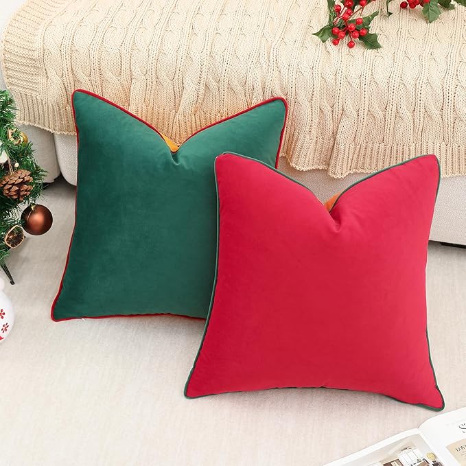 Mecatny Set of 4 Velvet Christmas Throw Pillow Covers 18x18, Soft Colorful Accent Decorative Couch Pillow Covers for Sofa Bedroom Living Room, Green/Red