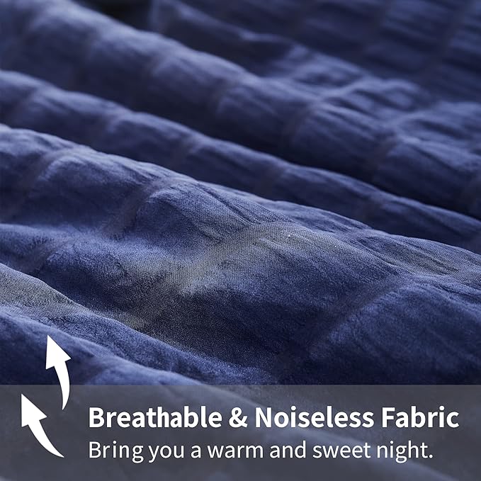 AveLom Navy Blue Seersucker California King Comforter Set (104x96 inches), 3 Pieces-100% Soft Washed Microfiber Lightweight Comforter with 2 Pillowcases, All Season Down Alternative Bedding Set