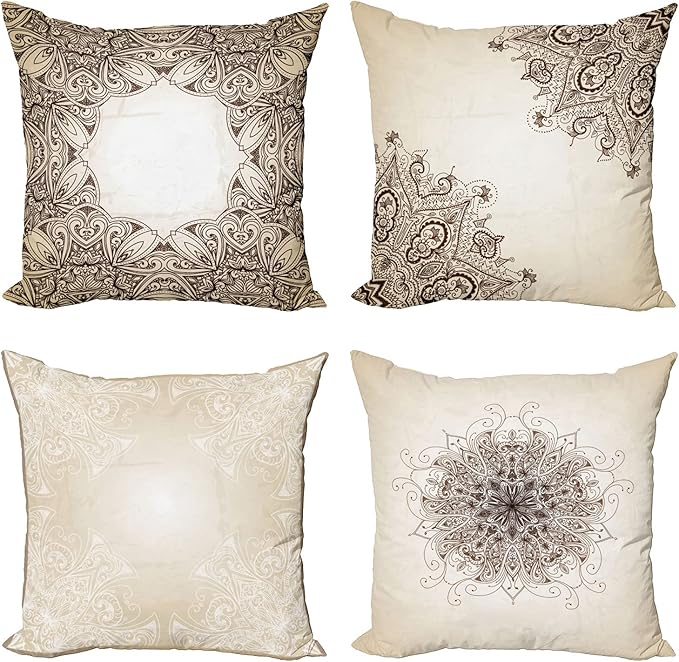 Ambesonne Ethnic Throw Pillow Cushion Case Pack of 4, Mandala Design Cultural Folkloric Motifs Swirling Floral Style Art Illustration, Modern Accent Double-Sided Digital Printing, 24", Eggshell Brown