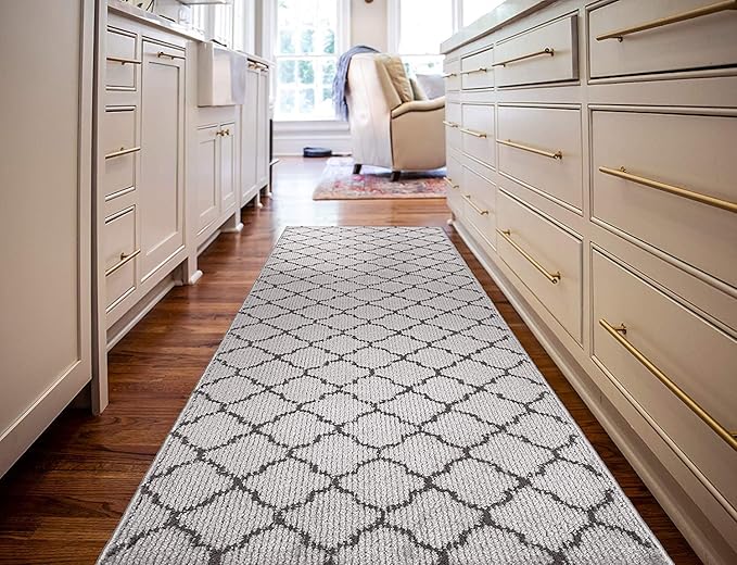 Custom Size Modern Runner Rug Carpet for Hallway Entryway Foyer Kitchen, Slip Resistant Latex Rubber Backed 31 inch Wide X Customized Length, Trellis Grey, 31 inch X 12 feet