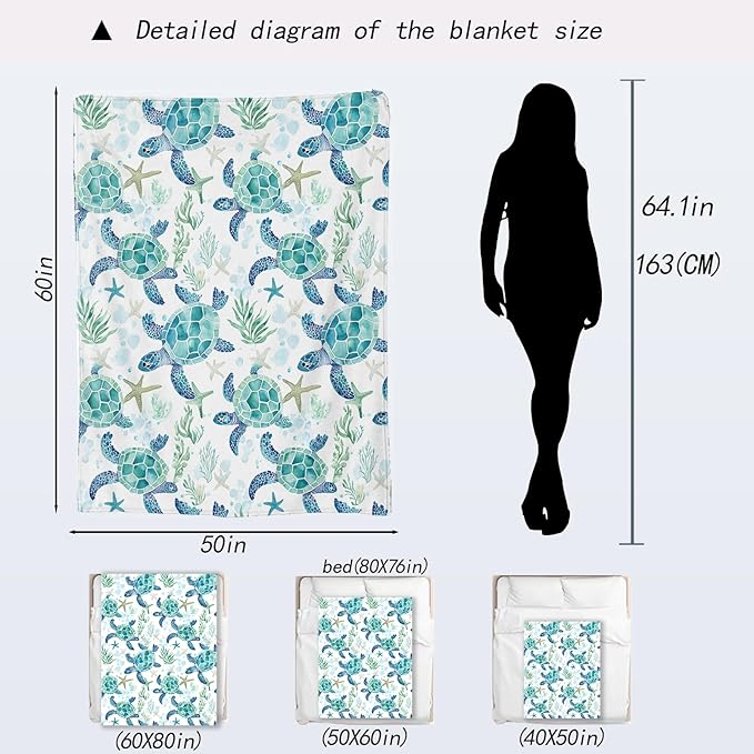 Sea Turtle Blanket - Cute Blue and Green Hues Fleece Throw,Gifts for Kids Girls Boys, Soft & Warm,Lightweight, for Modern Ocean Beach Decor, Marine Life Lovers, and Room Home Accents 40x50in