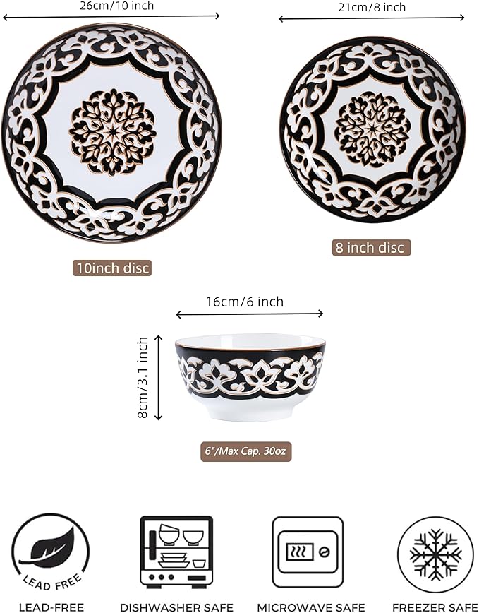 12 Pcs Porcelain Dinnerware Set for 4, Halloween-Themed Brown Floral Embossed Plates and Bowls, Euro Style Ceramic Dish Set with Gothic Vine Pattern, Dishwasher and Microwave Safe, QOMO-1996