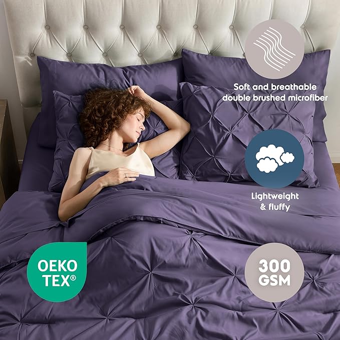 Nestl Queen Comforter Set 7 Piece - Pinch Pleated Comforters Queen Size Purple, Bed in a Bag Queen All Season, Queen Size Comforter Sets Bedding with Flat Sheet and Fitted Sheet, Pillowcases and Shams