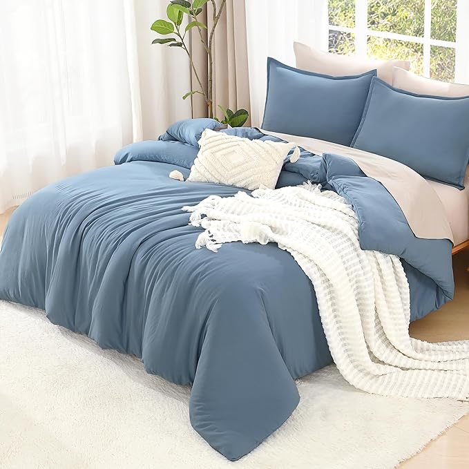 Litanika Comforters Oversized King Size Grayish Blue,3 Pieces Lightweight Solid Bedding Set & Collections, All Season Fluffy Bed Set (120x98In Comforter & 2 Pillowcases)