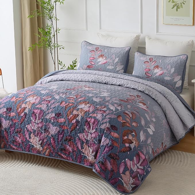 WONGS BEDDING 3 Pieces Quilt Set Queen Size, Blue-Purple Floral Bedspread Coverlet Set, Soft Microfiber Lightweight Floral Bedding Set King 104"×90"