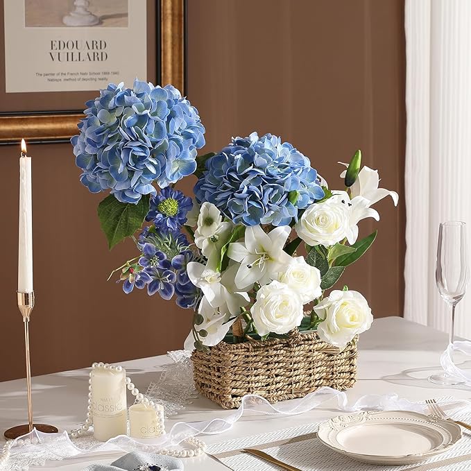 Nubry 22.44In Blue Hydrangea Artificial Flowers, 2Pcs Latex Faux Real Touch Large Hydrangea Flowers with Long Stems & Leaves for Home Office Decor Wedding Party Arrangements(Blue)