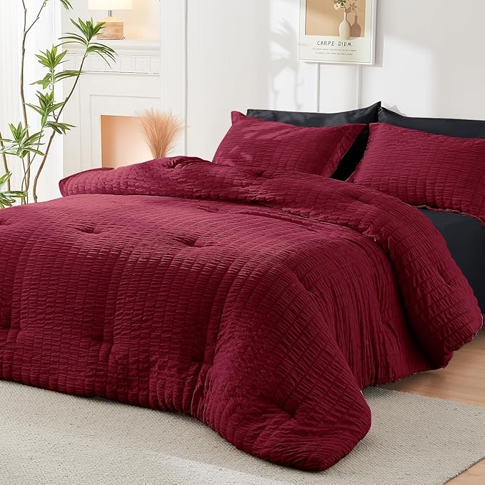 HYMOKEGE Red & Black California King Comforter Set Seersucker 7 Pieces, All Season Luxury Bed in a Bag for Bedroom, Bedding Set with Comforters, Sheets, Pillowcases & Shams