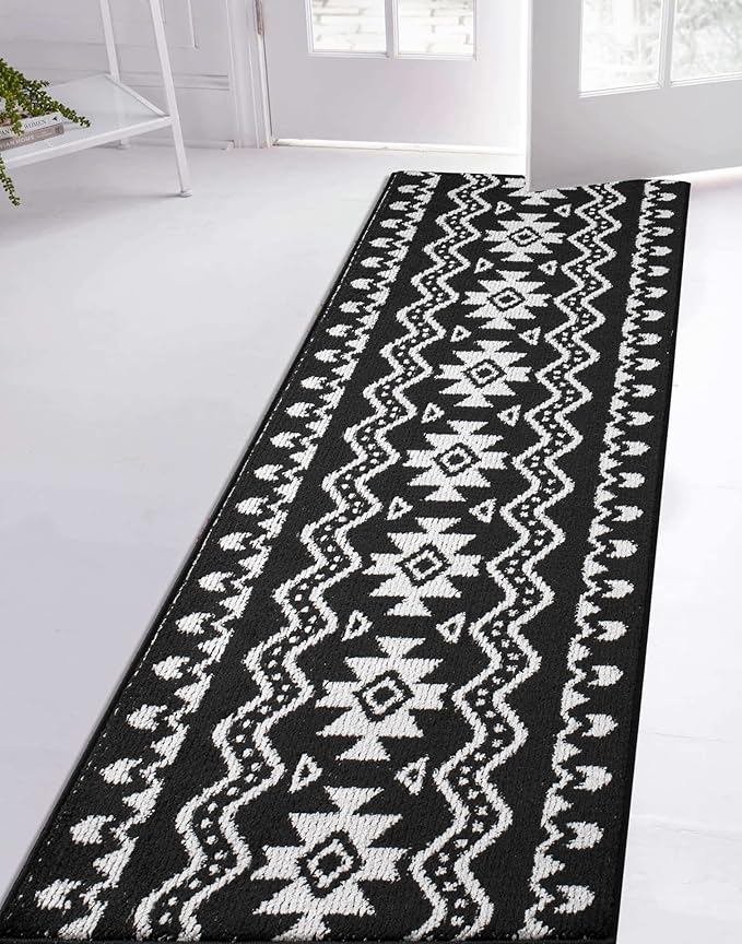 Custom Length Cut to Size Tribal Ethnic Southwestern Inspired Hallway Runner Rug, Non Slip Rubber Backed, 31 inch Wide X Customized Length, Aztec Black, 31 inch X 35 feet