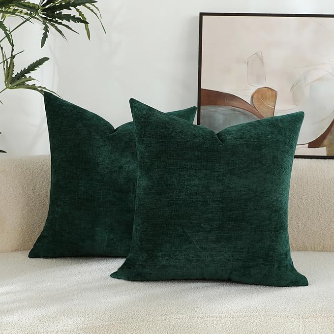 Hunter Green Chenille Decorative Couch Throw Pillow Covers, Soft Cushion Cases for Home Livingroom Sofa Décor, Pack of 2, 20 x 20 Inches