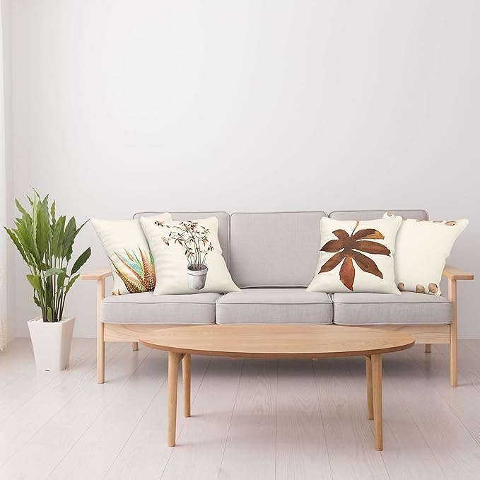 Ambesonne Botanical Throw Pillow Cushion Case Pack of 4, Minimalist Watercolor Painting Leaves Agave Branches Plant in a Pot, Modern Accent Double-Sided Digital Printing, 18", Chocolate and Pale Brown