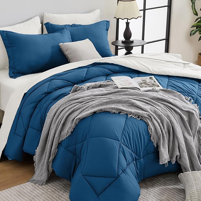 HEVUMYI Teal Blue & Ivory Twin Comforter Set - 5-Piece All Season Bed in a Bag Twin, Ultra Soft Bedding Set with Comforter, Flat Sheet, Fitted Sheet, Pillowcases, Pillow Shams, Teal Blue & Ivory
