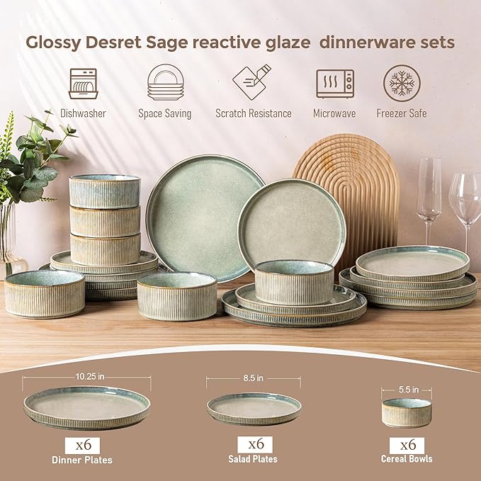 GBHOME Stoneware Dinnerware Sets for 6,Round Reactive Glaze Ceramic Plates and Bowls Set,Highly Scratch Resistant | Dishwasher & Microwave Safe Dishes Set,Service for 6(18Pcs)