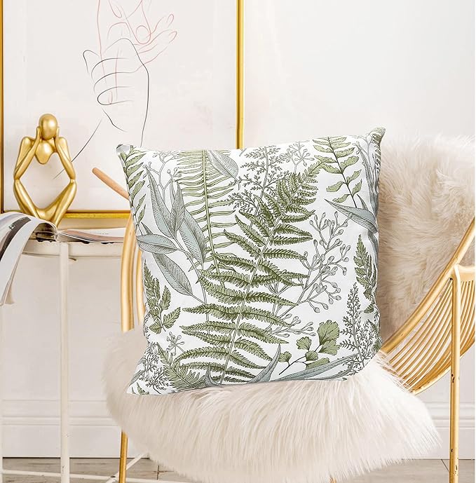 Decorative Throw Pillow Covers Set of 2 Olive Green Leaves Pillow Covers 18x18 inch Soft Short Plush Square Floral Throw Pillows,Farmhouse Outdoor Pillow Covers for Couch Bed Living Room