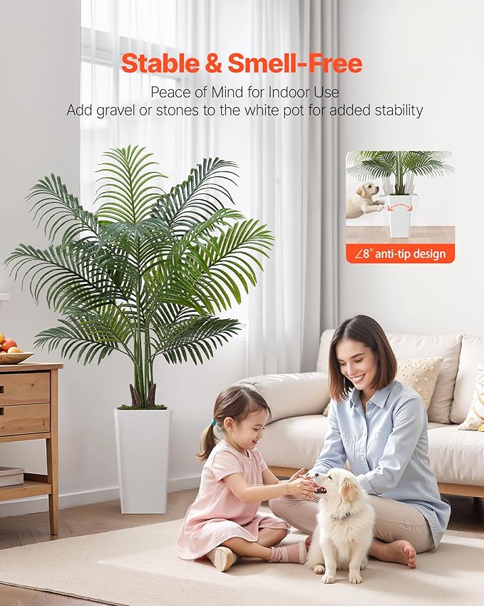 VEVOR Artificial Areca Palm Tree 5 ft, Fake Palm Tropical Plants with White Tall Planter, Faux Floor Silk Plant in Pot, Large Trees for Home Office Living Room Decor House Warming, Indoor Outdoor