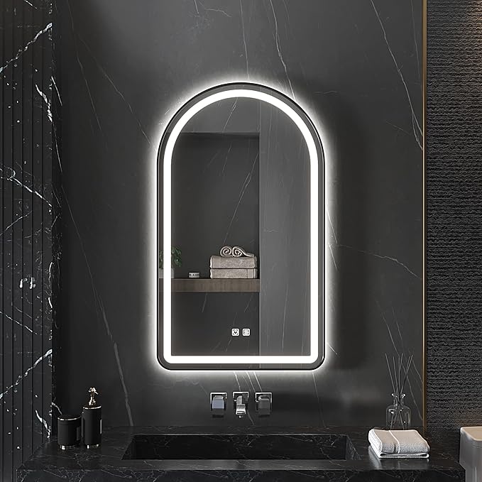 30x40 inch Black Tempered Glass LED Arched Mirror for Bathroom Vanity Mirror or Wall Decor Arch Mirror Brushed Metal Frame Wall Mounted Mirror for Bathroom