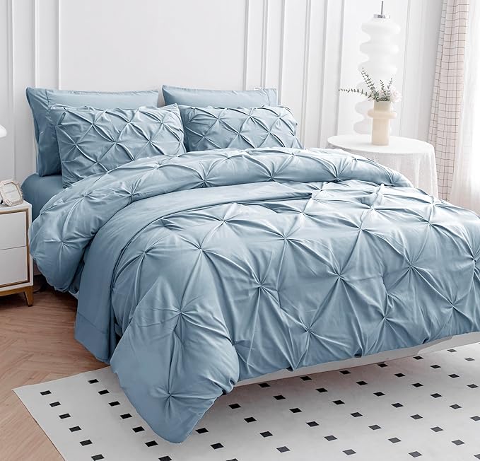 LANE LINEN Twin Comforter Set, 5 Piece Twin Bedding Sets for Boys, Pintuck Twin Size Bed Set, Pinch Pleated Twin Bed in a Bag Set, Twin Bed Comforter Set with Sheets, Pillowcase & Sham - French Blue
