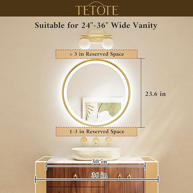 TETOTE Round Led Lighted Bathroom Mirror Matte Black Frame 24 Inch Front and Backlit Circle Round Light up Vanity Mirror with Lights, 3 Color Illuminated Dimmable Anti Fog Wall Mount, IP54 CRI 90+
