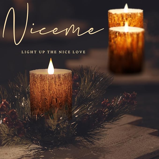 NICEME Rechargeable LED Pine Bark Flameless Candles with Timer Remote USB Cable, Brown Real Wax USB Candles Flickering Fireplace Cabin Decor Electric Fake Battery Pillar Bark Candles, D 3”×H 4”5”6”