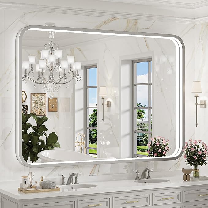 LED Bathroom Mirror with Lights,43x36 Inch Brushed Silver Framed Lighted Vanity Mirror,Anti Fog Stepless Dimmable Wall Mounted(Horizontal/Vertical)