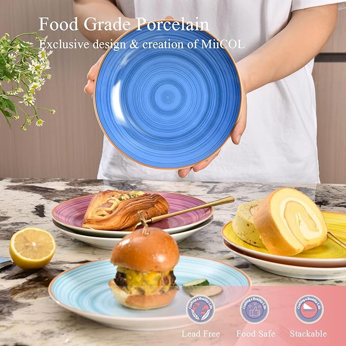 Miicol Ceramic Dessert Plates Set of 6, Colorful Appetizer Plates 8 Inch, Stackable Salad Dishes, Small Dinner Plates, Durable Dinnerware for Kitchen, Party, Wedding, Microwave and Dishwasher Safe