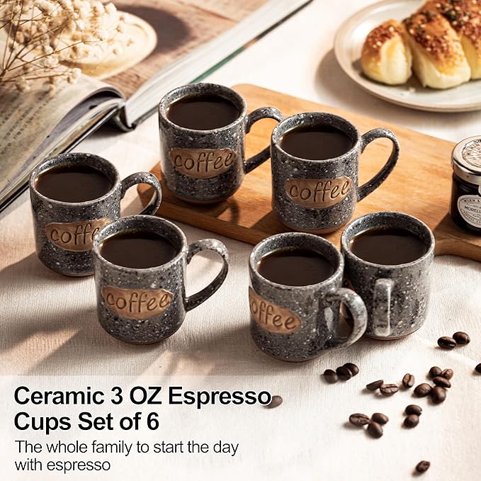 LYEOBOH Espresso Cups, Coffee Cups, Tea Cup - 3 oz Grey Ceramic Set of 6, Mini Coffee Mugs, Demitasse Cups, Espresso Shot, Microwave Dishwasher Safe, Ceramic Mugs, Perfect for Daily Use & Tea Time
