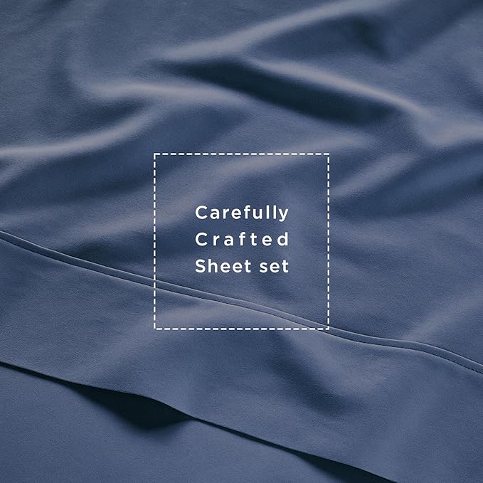 Threadmill Cotton Full Size Sheet Set| 100% Cotton Sheets for Full Size Bed | Solid Sateen Full Bed Sheets Set with 16” Elasticized Deep Pocket | Soft Breathable 4pc Cooling Sheet Set | Folkstone Blue