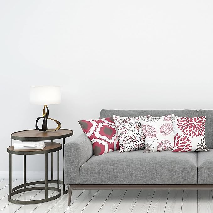 Ambesonne Vintage Throw Pillow Cushion Case Pack of 4, Bohemian Ornamental Leaves Dahlia Pattern Geometric Art Curlicue Motif, Modern Accent Double-Sided Digital Printing, 24", Raspberry Taupe White