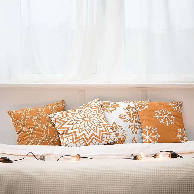 Ambesonne Retro Throw Pillow Cushion Case Pack of 4, Trellis Grid Medieval Floral Damask Mandala Flower Ornament in Modern Monochrome, Modern Accent Double-Sided Digital Printing, 20", Burnt Orange