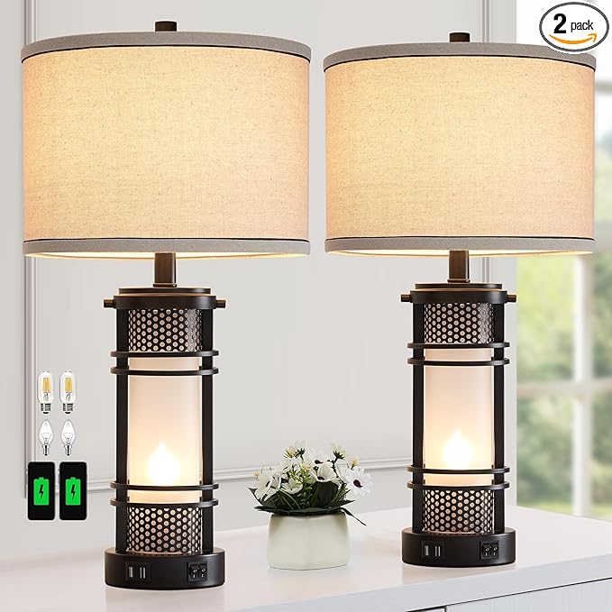 Set of 2 Modern Table Lamps for Living Room, Contemporary Nightstand Lamp with Dual USB Port, Bedside Lamps with White Frosted Glass Night Light for Bedroom, 4 Bulbs Included (Black)