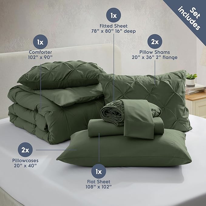 Nestl Pinch Pleated Comforter Set - 7 Piece Olive Green Bed in a Bag, All Season King Bedding Set with Flat Sheet, Fitted Sheet, Pillowcases and Shams