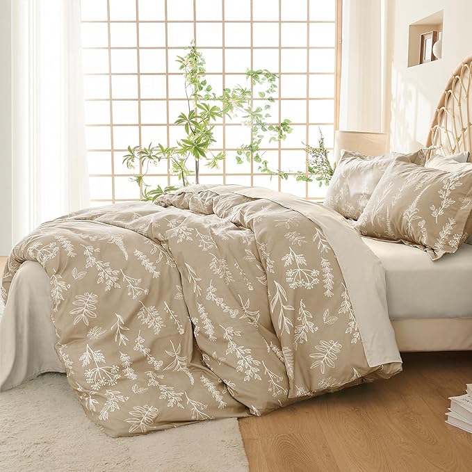 MUXHOMO Taupe Full Comforter Set, Elegant Floral Print Bed in a Bag 7 Pieces, Ultra Soft & Breathable Reversible Botanical Pattern Bedding Set with Comforter, Sheets, Pillowcases, and Shams