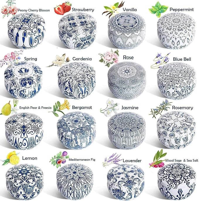 Set of 16 Small Scented Candles,Blue and White Aroma Naturals Candles,2.5 OZ Soy Wax Travel Tin Jar Candles,Appropriate Gifts for Mom,Christmas, Birthday, Thanksgiving.