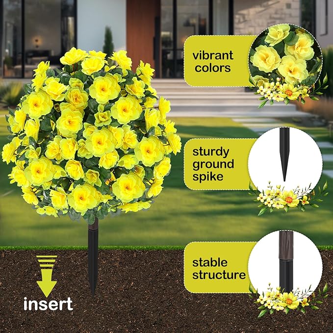 Artificial Boxwood Topiary Ball Trees with Ground Spikes UV Resistant Faux Greenery Shrubs Fake Shrubs for Outdoors, Realistic Faux Plants Bushes for Garden Porch Yard Patio Decor (Yellow)