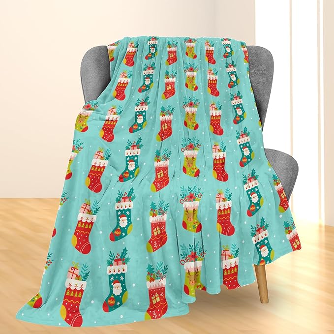 Christmas Stocking Blanket, Soft Lightweight Flannel Colorful Stockings Throw Blanket for Couch, Bed, Travel & Decor Gifts, Cozy Warm Fuzzy Holiday Blankets for Adults Women Girls Kids 80×60 in