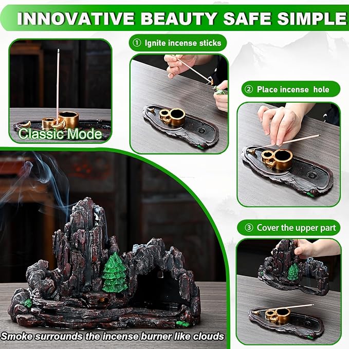 Mountain Waterfall Incense Burner，Backfall Incense Holder River, Incense Falls Meditation Decor for Room with Upgrade Incense Cones and Accessories (5in1 Palo Santo)